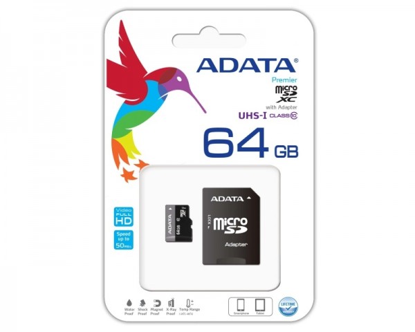 A-DATA UHS-I MicroSDXC 64GB class 10 + adapter AUSDX64GUICL10-RA1