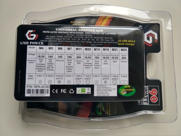 GEMBIRD NPA-AC5D  laptop punjac AC 90W + QC3.0 mobilni punjac quick charge 3A, auto-voltage (1229)