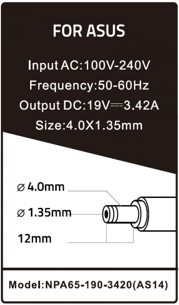 NPA65-190-3420 (AS14) ** Gembird punjac za laptop 65W-19V-3.42A, 4.0x1.35mm black (655)