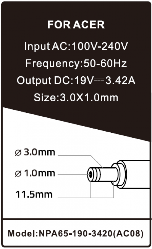 NPA65-190-3420 (AC08) ** Gembird punjac za laptop 65W-19V-3.42A, 3.0x1.1mm (655)