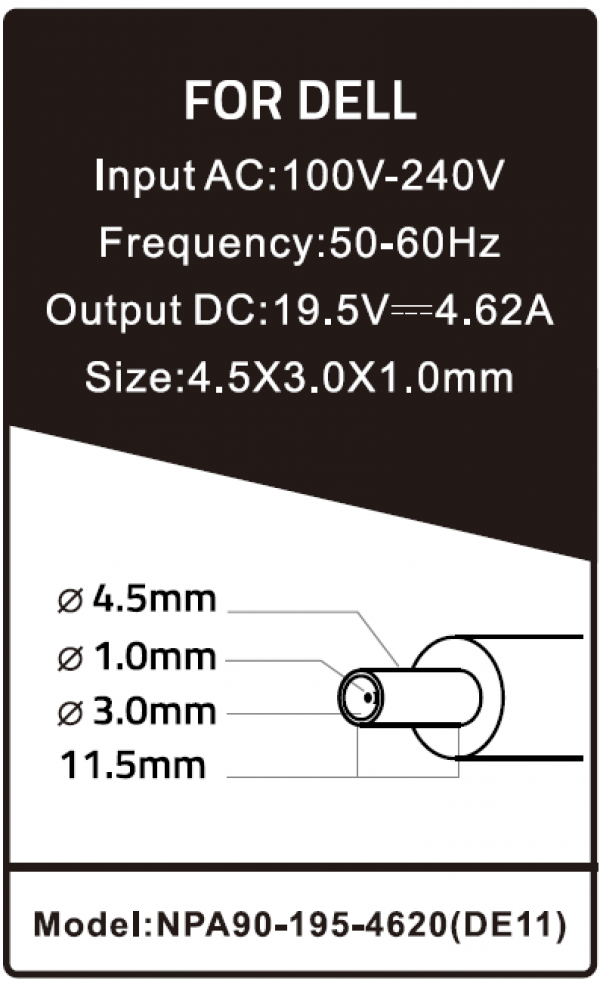 NPA90-195-4620 (DE11) ** Gembird punjac za laptop 90W-19.5V-4.62A, 4.5x3.0mm  Black PIN (876)