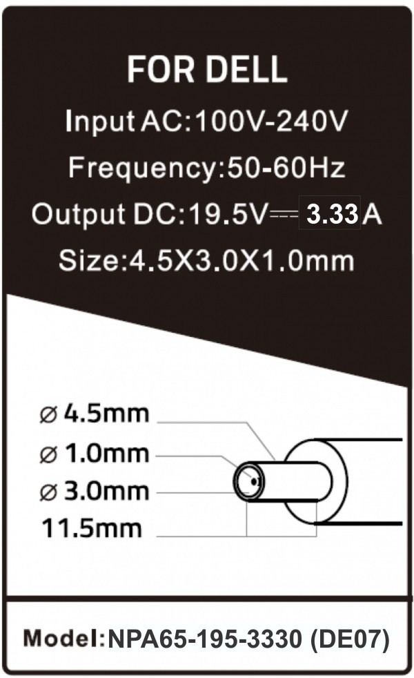 NPA65-195-3330 (DE07) **Gembird punjac za laptop 65W-19.5V-3.33A, 4.5x3.0mm  Black PIN (819)