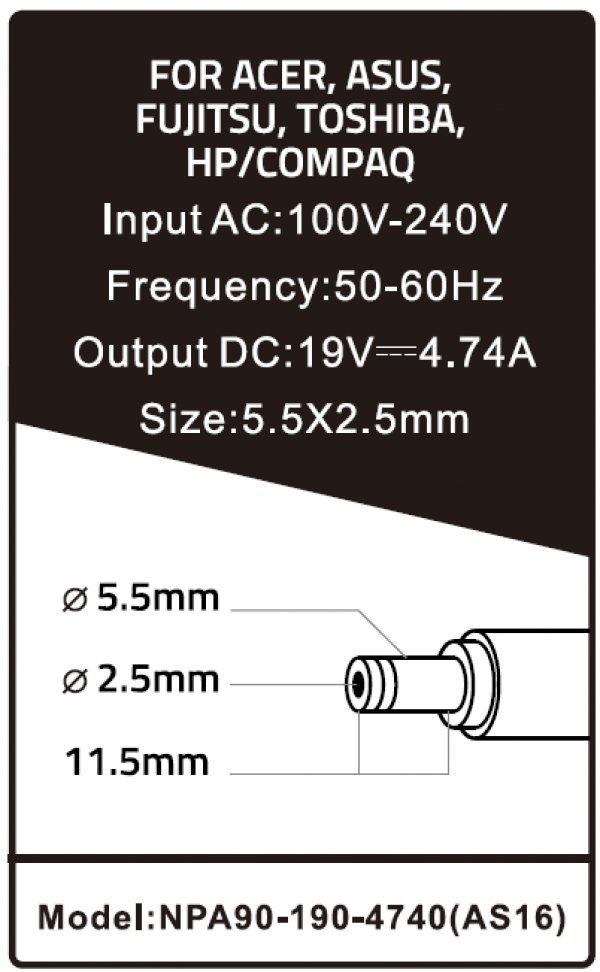 NPA90-190-4740 (AS16) ** Gembird punjac za laptop 90W-19V-4.74A, 5.5x2.5mm black (794)