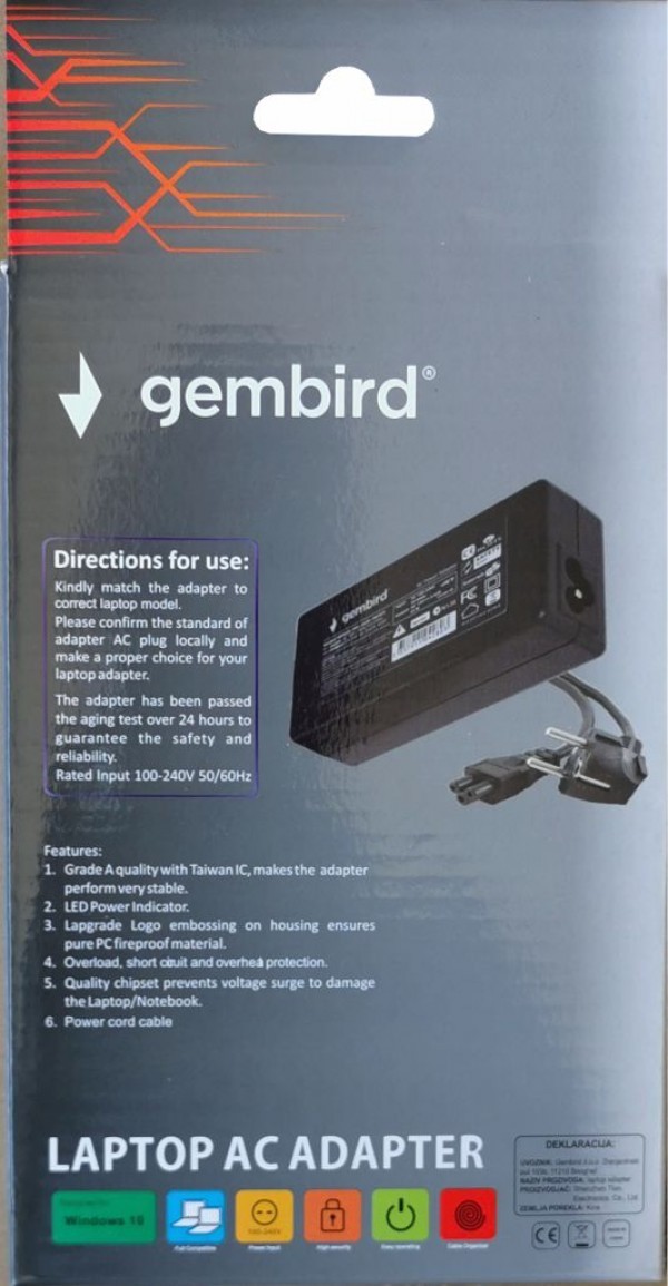 NPA65-190-3420 (AS12)** Gembird punjac za laptop 65W-19V-3.42A, 5.5x2.5mm black (655 Alt=AS16)