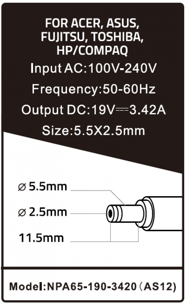 NPA65-190-3420 (AS12)** Gembird punjac za laptop 65W-19V-3.42A, 5.5x2.5mm black (655 Alt=AS16)