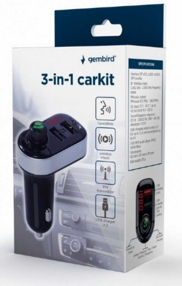 BTT-04 Gembird 3-in-1 Bluetooth carkit with FM-radio transmitter and USB 3.1 A charger, black