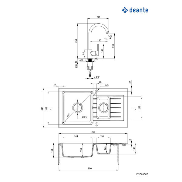 Deante set sudopera ZQZ 2513 + slavina BEN 262M