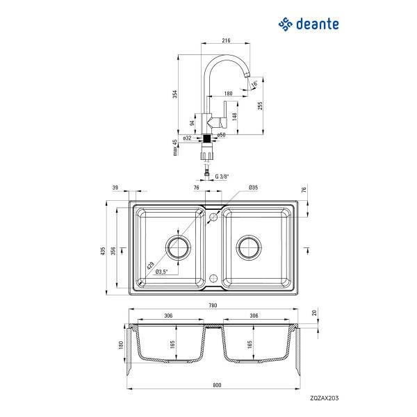 Deante set sudopera ZQZ 7203 + slavina BEN 762M