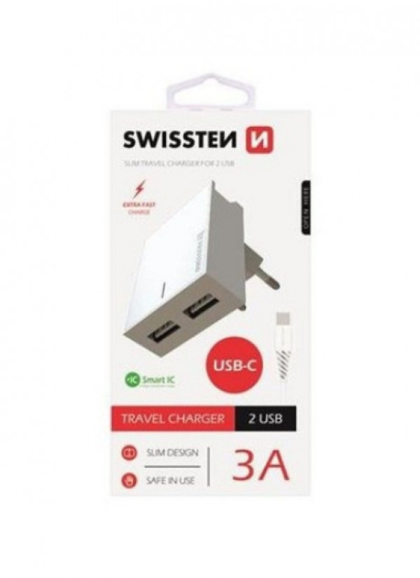 PUNJAC ZA MOBILNI 2XUSB 3A+KABL TYPE C 1.2M BELA SWISSTEN