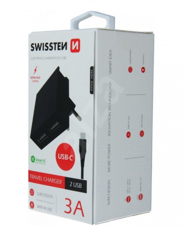 PUNJAC ZA MOBILNI 2XUSB 3A+KABL TYPE C 1.2M CRNA SWISSTEN