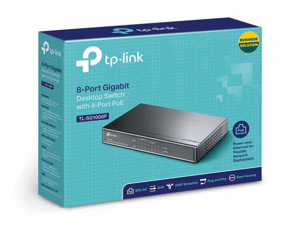 Tp Link PoE svič 8-port Gigabit 101001000Mbs, 4 PoE porta 802.3af do 53W,