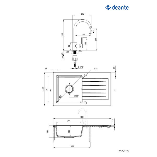 Deante set sudopera ZQZ 2113+slavina BEN 262M-ZQZV2113