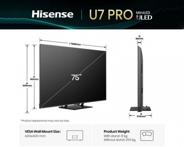 HISENSE 75 inča 75U7Q PRO ULED Mini-LED 4K UHD Smart TV 