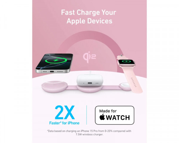 ANKER MagGo Bežični 3u1 sklopivi punjač roze