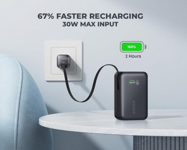 ANKER Nano 10000mAh, 45W, sa ugrađenim USB-C kablom na izvlačenje, Power Bank crni