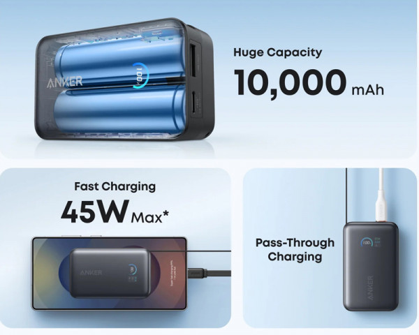 ANKER Nano 10000mAh, 45W, sa ugrađenim USB-C kablom na izvlačenje, Power Bank crni