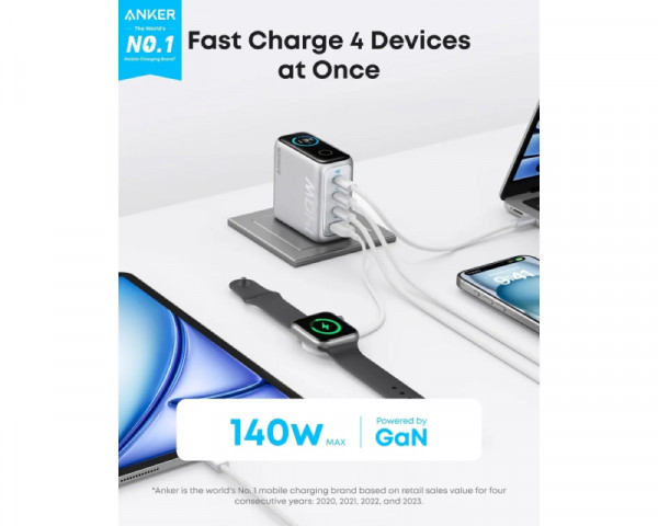 ANKER 140W GaN zidni brzi punjač, 4-porta (3x USB-C i 1x USB-A) sa USB-C MM pletenim kablom, srebrni