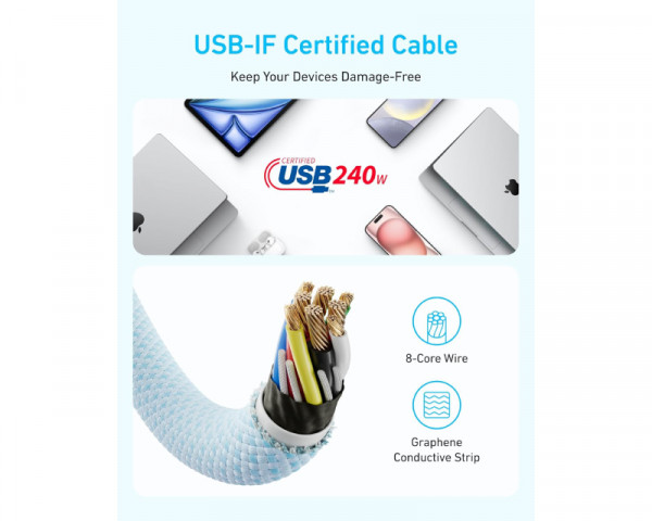 ANKER Zolo USB tip-C kabl MM 1m, za Apple, super brzo punjenje 240W480Mbps, pleteni, beli