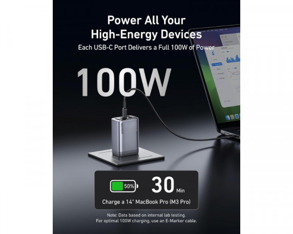 ANKER Prime 100W GaN zidni brzi punjač, 3-porta (2x USB-C i 1x USB-A) srebrni