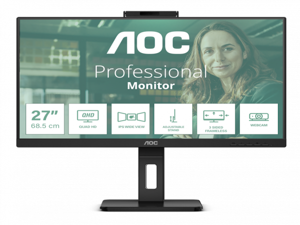 AOC Monitor Q27P3QW 27 inch IPS 2560X1440 75 4ms GTG HDMI2X,DP,USB VESA zvucnici kamera crna