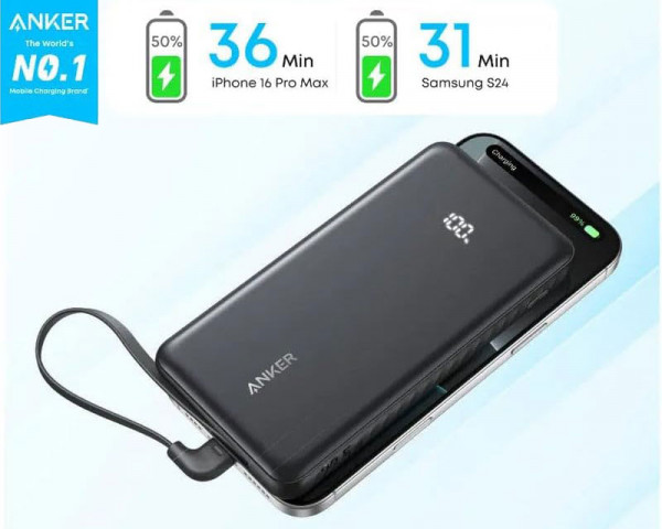 ANKER Zolo 20000mAh, 22.5W, sa ugrađenim USB-C kablom, Power Bank crni