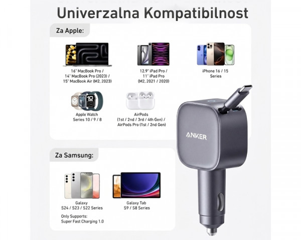 ANKER Nano 75W, sa ugrađenim USB-C kablom na izvlačenje i USB-C portom, auto punjač