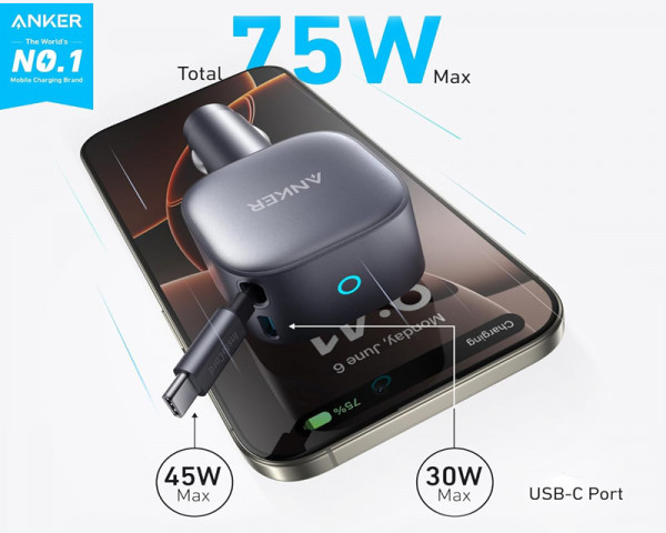 ANKER Nano 75W, sa ugrađenim USB-C kablom na izvlačenje i USB-C portom, auto punjač
