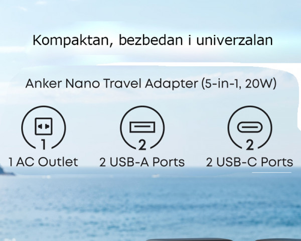 ANKER Nano 20W putni zidni punjač 5-portova (2x USB-A, 2x USB-C, utičnica EU na US, UK, AU i EU), crni