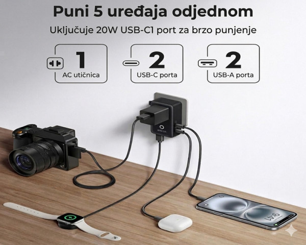 ANKER Nano 20W putni zidni punjač 5-portova (2x USB-A, 2x USB-C, utičnica EU na US, UK, AU i EU), crni