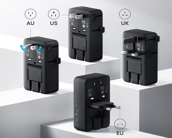 ANKER Nano 20W putni zidni punjač 5-portova (2x USB-A, 2x USB-C, utičnica EU na US, UK, AU i EU), crni