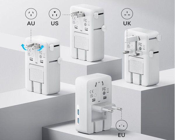 ANKER Nano 20W putni zidni punjač 5-portova (2x USB-A, 2x USB-C, utičnica EU na US, UK, AU i EU), beli